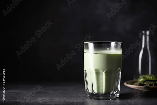 Matcha chá verde com leite em um copo em fundo cinza. Bebida vegana saudável com leite vegetal. Copiar espaço