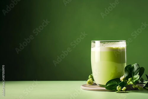 Matcha chá verde com leite em um copo em fundo .Bebida vegana saudável com leite vegetal. Copiar espaço photo