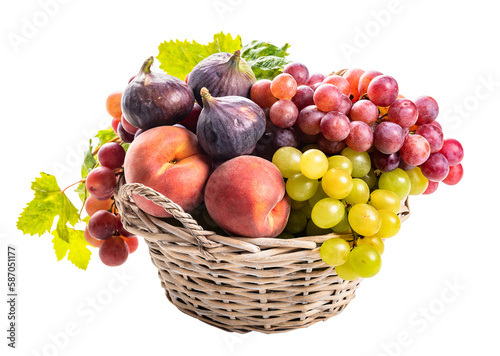 PNG. Basket with ripe grapes  peaches and figs.