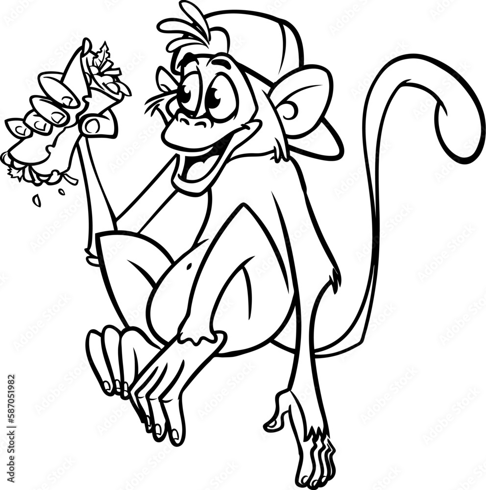 Cartoon funny monkey chimpanzee outlined. Vector illustration of happy monkey character for coloring book. Black and white contours animal
