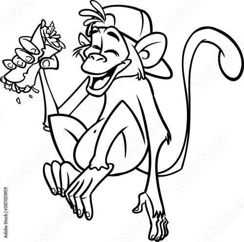 Cartoon funny monkey chimpanzee outlined. Vector illustration of happy monkey character for coloring book. Black and white contours animal