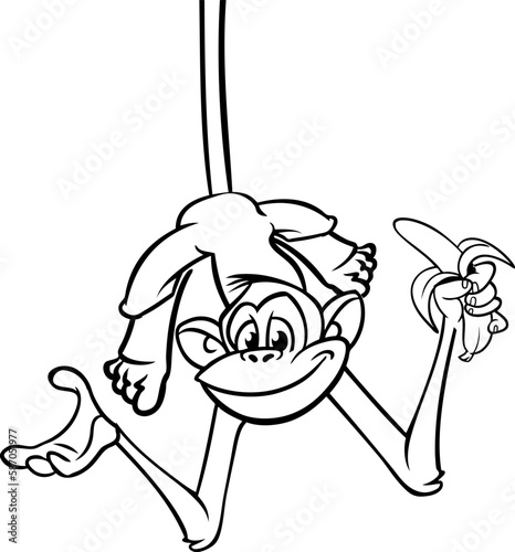 Cartoon funny monkey chimpanzee hanging upside down on a tree branch outlined. Vector illustration of happy monkey character for coloring book. Black and white contours animal