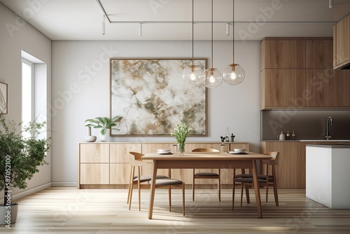 With a spherical chandelier over the dining table  a linear light fixture  a minimalist cabinet  and a parquet floor  this mockup canvas depicts the interior of a grey and white kitchen. concept for c