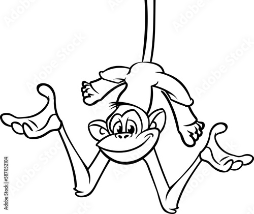 Cartoon funny monkey chimpanzee hanging upside down on a tree branch outlined. Vector illustration of happy monkey character for coloring book. Black and white contours animal