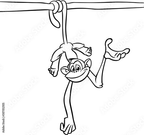 Cartoon funny monkey chimpanzee hanging upside down on a tree branch outlined. Vector illustration of happy monkey character for coloring book. Black and white contours animal