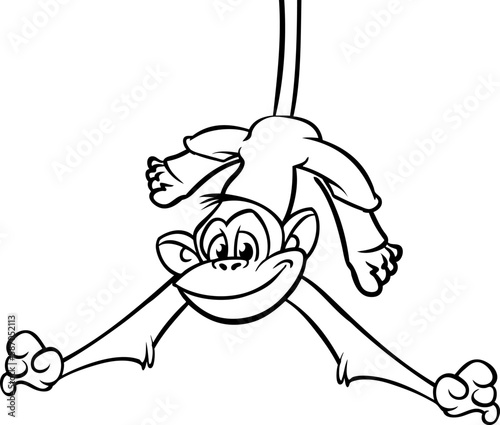 Cartoon funny monkey chimpanzee hanging upside down on a tree branch outlined. Vector illustration of happy monkey character for coloring book. Black and white contours animal