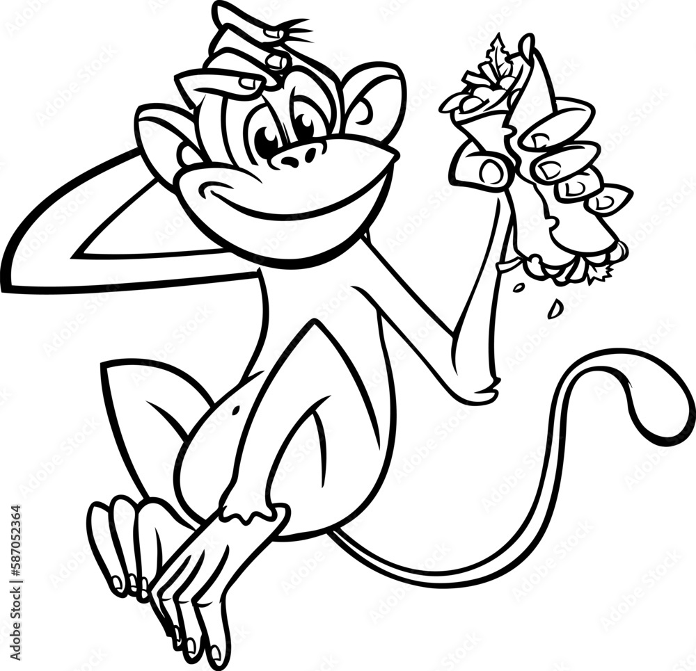 Cartoon funny monkey chimpanzee outlined. Vector illustration of happy monkey character for coloring book. Black and white contours animal Cartoon funny monkey chimpanzee outlined. Vector illustration of happy monkey character for coloring book. Black and white contours animal