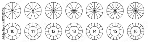 Circle  shape divided into equal segments, version with 10 to 16 parts, can be used as infographics element