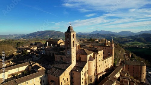 One of the most beautiful medieval towns of Italy - Urbino in Marche region. aerial drone panoramic high angle view over sunset