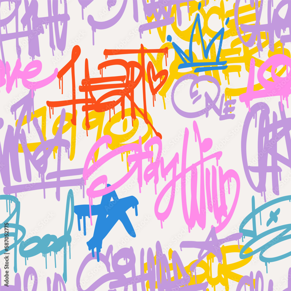 Urban typography seamless pattern with street art graffiti slogan print. Abstract graphic underground unisex design for t-shirts and sweatshirt in bright neon colors. Urban typography seamless pattern with street art graffiti slogan print. Abstract graphic underground unisex design for t-shirts and sweatshirt in bright neon colors.