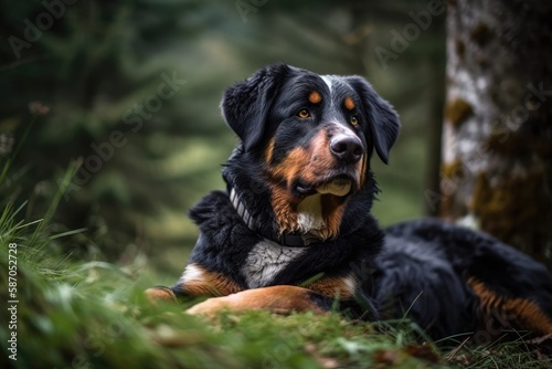 Mountain dog from Appenzeller relaxing outside in the grass. Generative AI