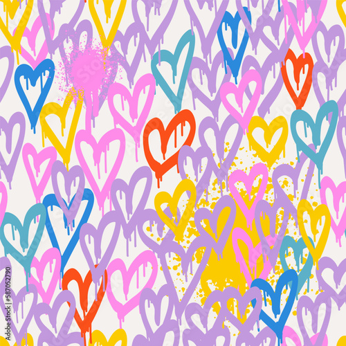 Graffiti hearts. Urban seamless pattern in street art style. Abstract print. Graphic underground unisex design for t-shirts and sweatshirt in bright neon colors.