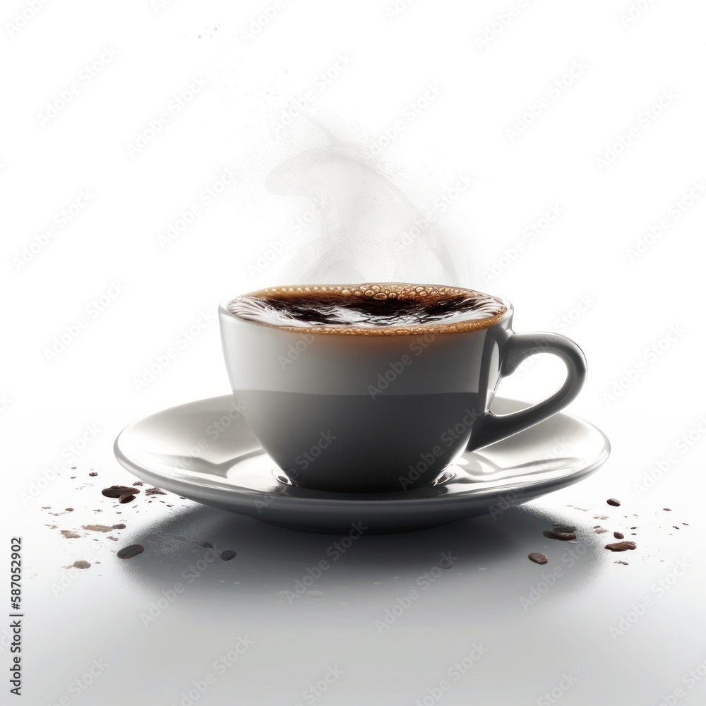 Fotografie White cup of traditional Greek or Turkish coffee with rich foam and steam, morning espresso isolated on white background, hot caffeine beverage concept, realistic 3D render illustration