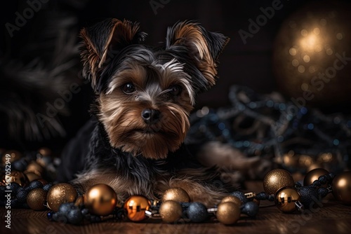 Cute Yorkshire terrier puppy striking a pose. Adorable black dog or pet with holiday and New Year's decorations and toys. Studio photography. Idea of holidays, festive season, and winter spirit. Looks