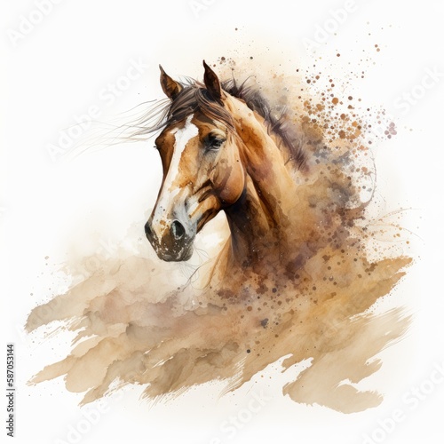 watercolor illustration of a horse portrait surrounded with sand, isolated on white background, generative ai