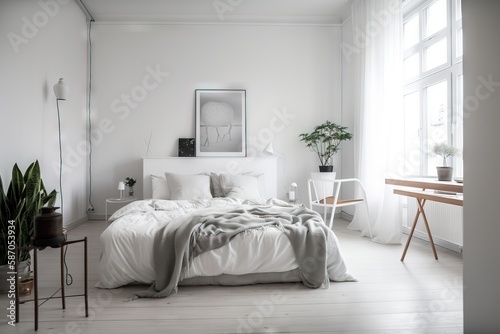  a white bedroom with a bed and a plant on the side of the bed, and a picture on the wall above the bed,. generative ai