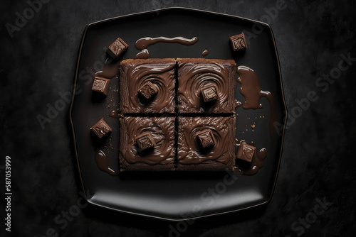 Nutella Brownies On Black Matte Plate. Generative AI photo