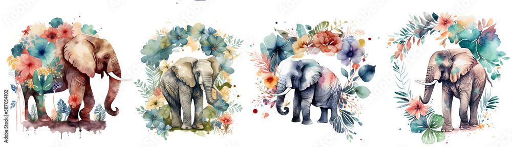 Boho Elephant Floral watercolor with transparent background, generative ai