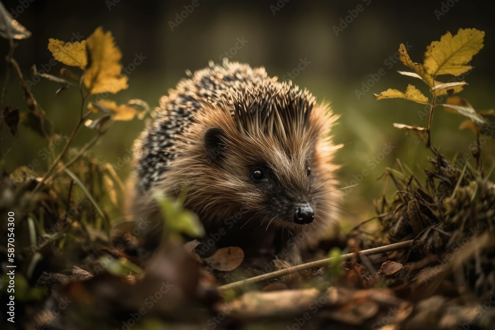 Fototapeta premium hedgehog looking for food. a solitary hedgehog in a field. This is a European Hedgehog. A young hedgehog who goes on a hunting expedition. Generative AI