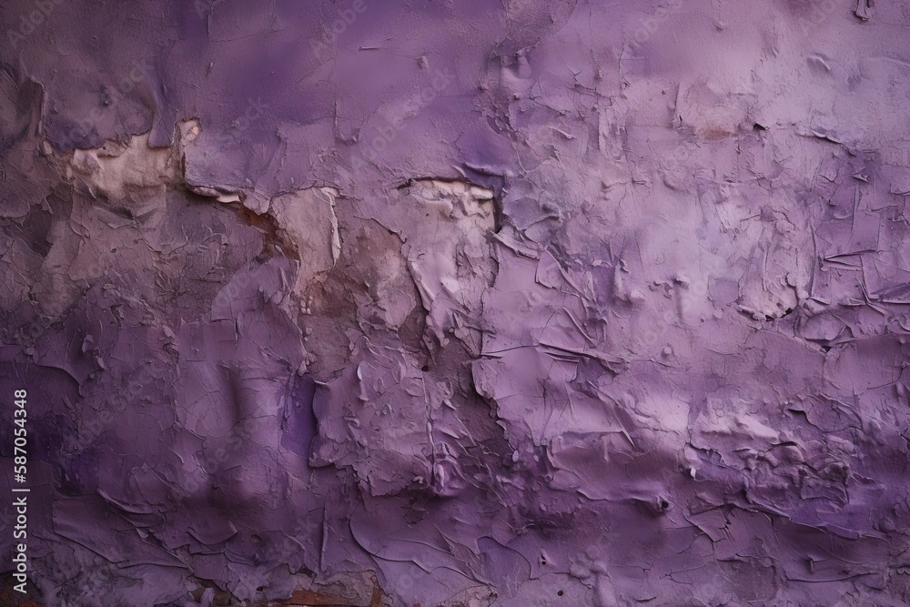  a painting of a purple wall with peeling paint and a black cat sitting on the ground in front of it and a purple wall behind it.  generative ai