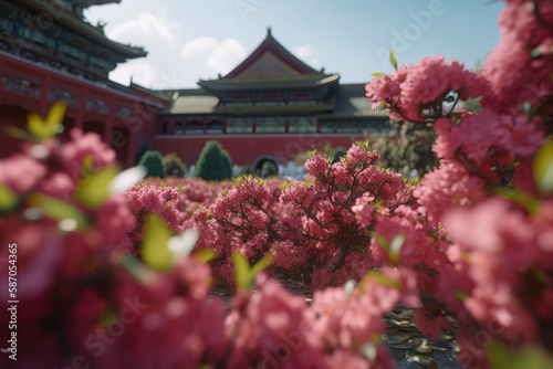  pink flowers in front of a building with a pagoda in the background and a blue sky in the foreground with clouds in the background. generative ai