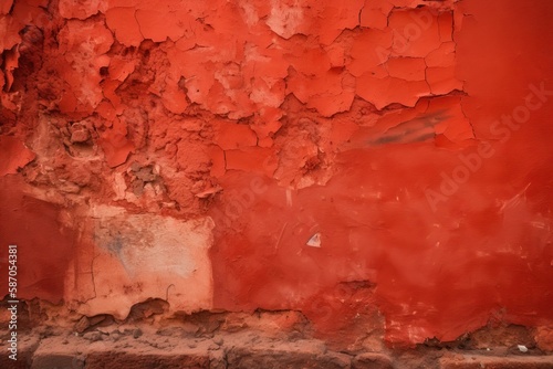  a red wall with peeling paint and a fire hydrant in the foreground of the picture and a brick wall with peeling paint and a fire hydrant in the foreground. generative ai