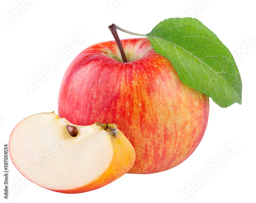 Red yellow apple with green leaf and slice isolated on transparent background