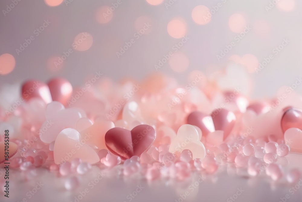 a bunch of hearts that are sitting on a table with pink and white confetti around them on a light pink background with pink and white boke.  generative ai