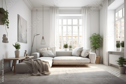 modern living room with a white sofa and green plants. Generative AI © AkuAku