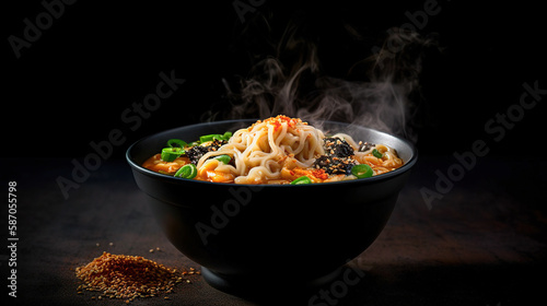 Korean style instant noodle, Shin Ramyeon with minced meat, kimchi, tofu cheese, shiitake mushrooms. Generative Ai photo