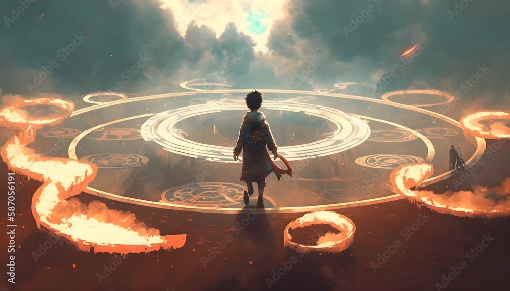 Φωτογραφία boy walking on magic circles or sacred symbols in the air with, digital art styl