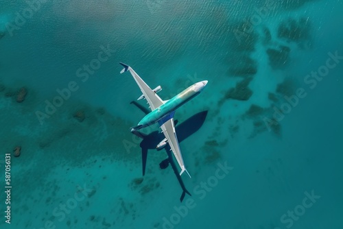  an airplane is flying over the water and rocks in the ocean waterside area of the island of the island of capri, italy.  generative ai