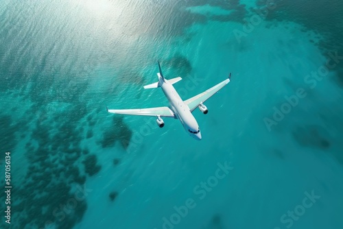  an airplane flying over a body of water near a shore line with a boat in the water and a boat in the water behind it. generative ai