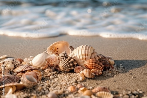 seashells scattered on a sandy beach. Generative AI