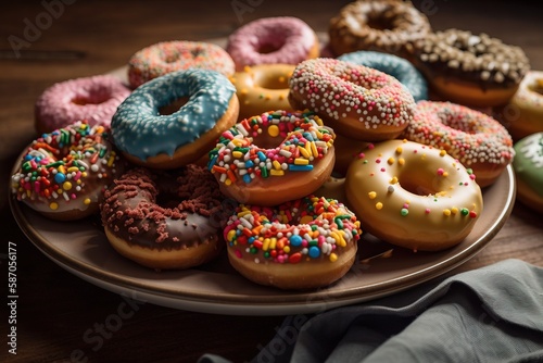  a plate of donuts with sprinkles on them on a table with a napkin and a napkin on the side of the plate. generative ai
