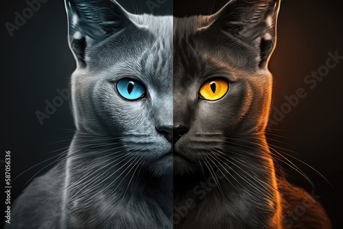 Twins Siblings two portraits in one yin yang Chartreux Cat Black Background. Generative AI photo