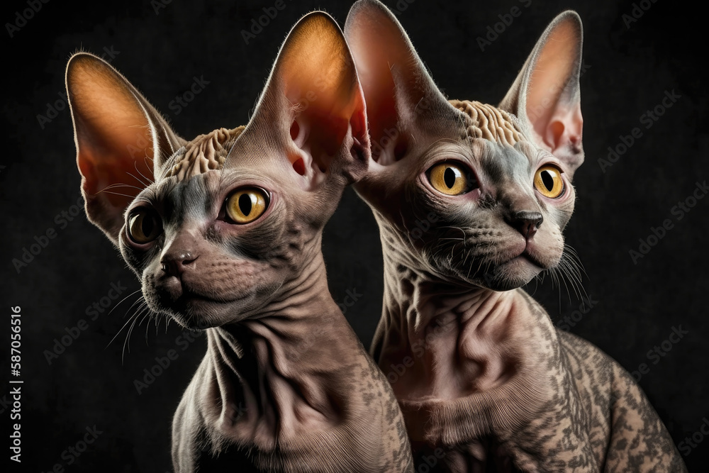 Twins Siblings Cornish Rex Cats Black Background. Generative AI