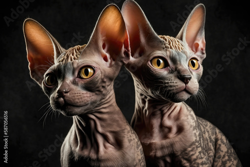 Twins Siblings Cornish Rex Cats Black Background. Generative AI © Ян Заболотний
