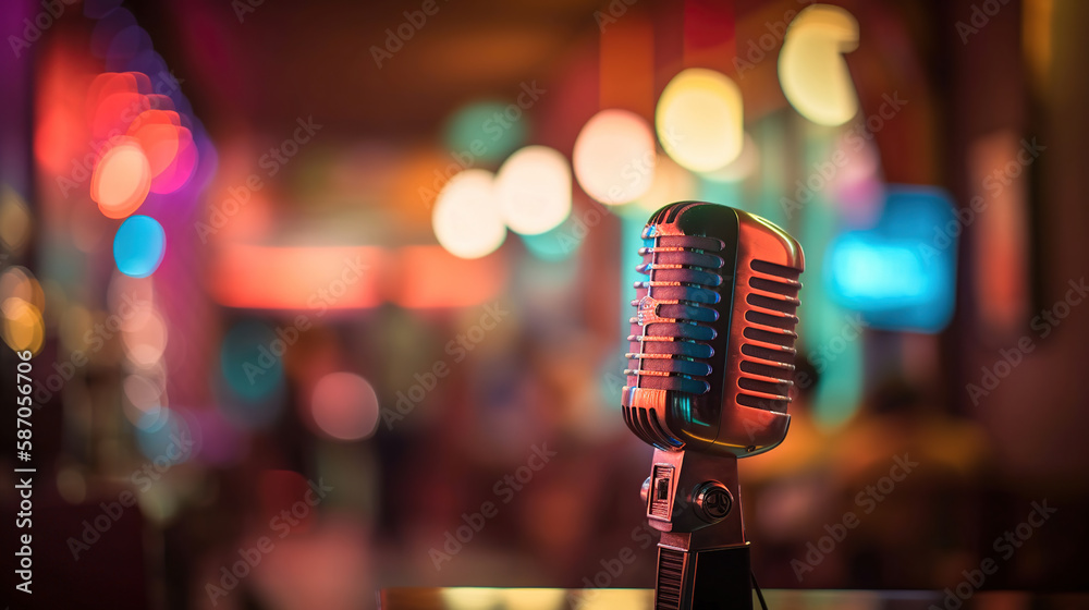 Retro microphone against blur colorful light restaurant background. Generative Ai Retro microphone against blur colorful light restaurant background. Generative Ai