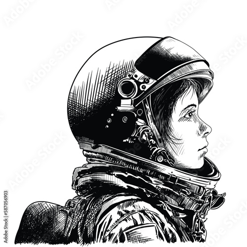 A young girl astronaut in a spacesuit in a helmet with an open glass visor