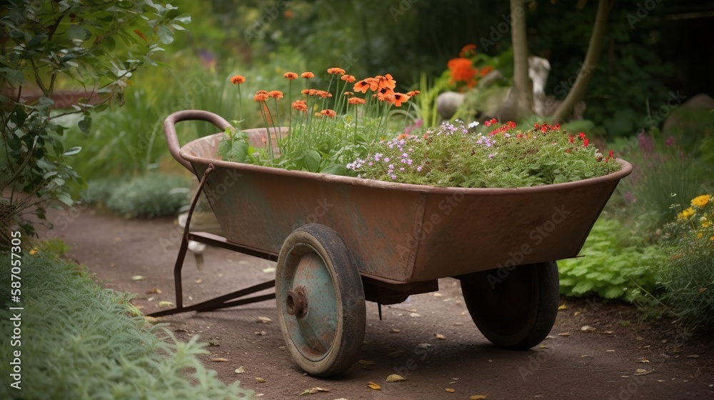 Wheelbarrow with plants inside ready to plant in the garden of a farm Generative AI Wheelbarrow with plants inside ready to plant in the garden of a farm Generative AI