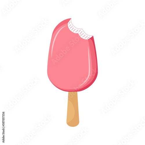 Ice cream in pink glaze. Ice cream with piece bitten off. Sweet summer refreshing dessert. Strawberry sundae. Frozen treats. Vector illustration