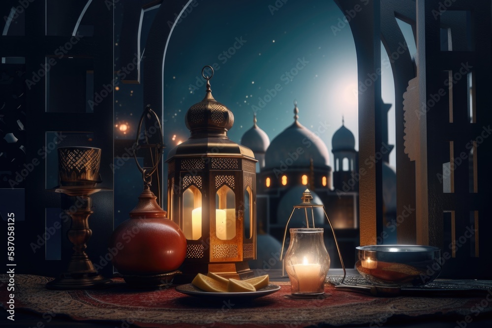 Fototapeta premium Muslim Holy Month Ramadan Kareem - Ornamental Arabic Lantern With Burning Candle Glowing At Evening,generative ai.