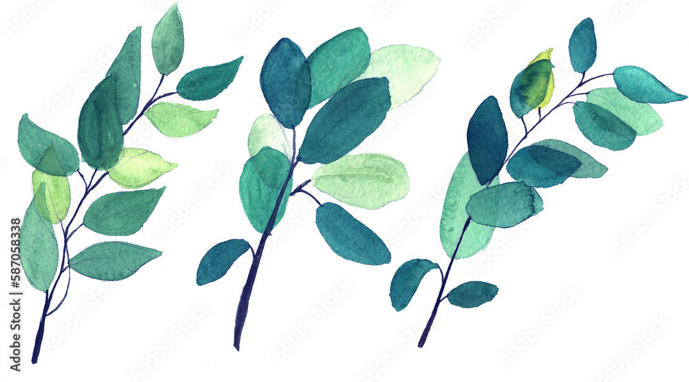 Hand drawn watercolor illustration of abstract blue greenbranch. Elements for design of invitations, movie posters, fabrics and other objects Hand drawn watercolor illustration of abstract blue greenbranch. Elements for design of invitations, movie posters, fabrics and other objects