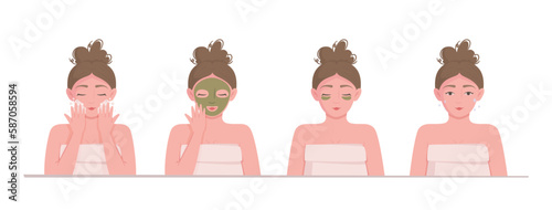 Vector illustration of a facial care set. All stages of facial care. Facials. Masks, patches, gel, cheesecloth, facial cream.