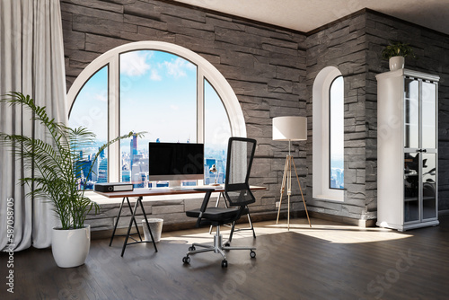 luxurious loft apartment with arched window and panoramic view over urban downtown  noble interior computer workspace with desk  3D Illustration © Imillian