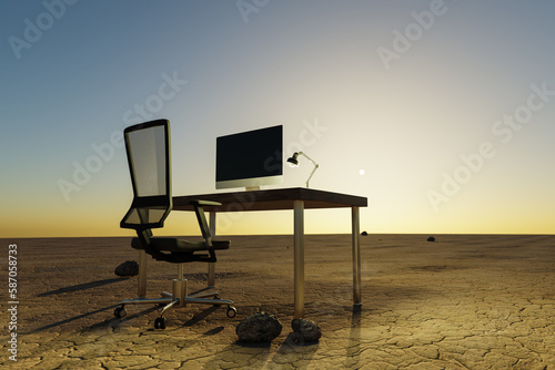 lonely pc workplace in large desert environment; remote work and digital nomad and climate crisis concept; 3D illustration