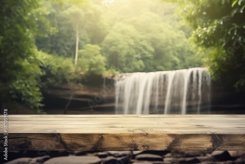 wooden table with a stunning waterfall scenery in the background. Generative AI