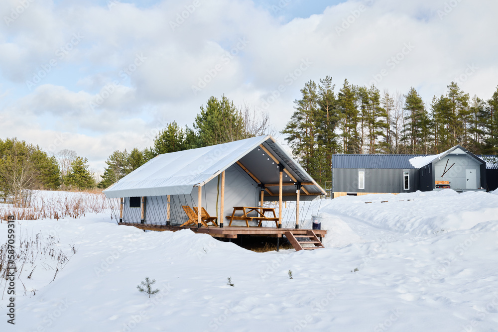 Photos of beautiful glamping in the winter forest Photos of beautiful glamping in the winter forest