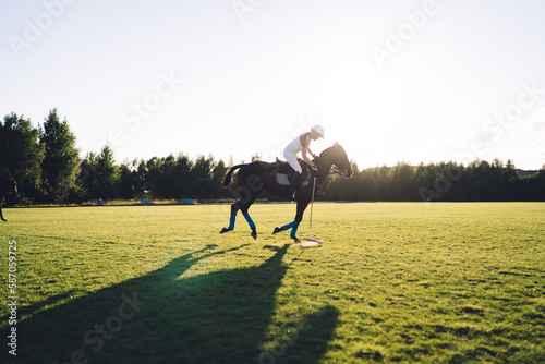 Polo player riding horse on green field